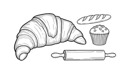 Hand-drawn bakery delights: croissant, baguette, muffin, and rolling pin