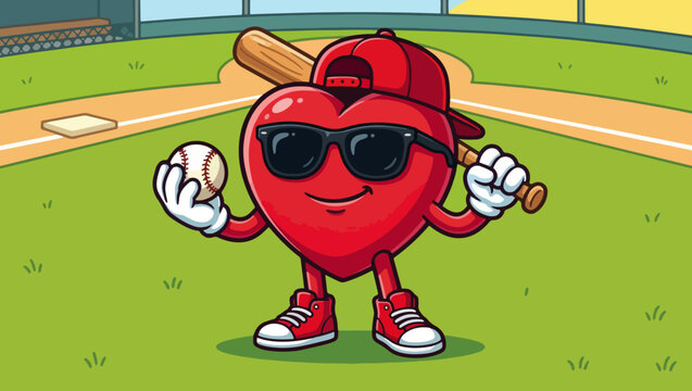Cartoon Heart Baseball Character Illustration, heart character, baseball cartoon, sports love, healthy heart, valentine baseball, red heart mascot, funny sports illustration, cartoon athlete, baseball