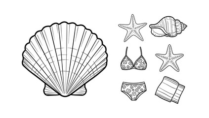 Seashells and beach accessories in monochrome design for summer themes