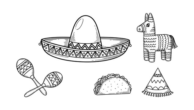 Festive mexican elements: sombrero, taco, pinata, maracas, fiesta hat in hand-drawn style