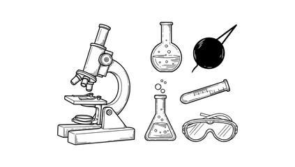 Fototapeta premium Detailed science laboratory icons featuring microscope and glassware