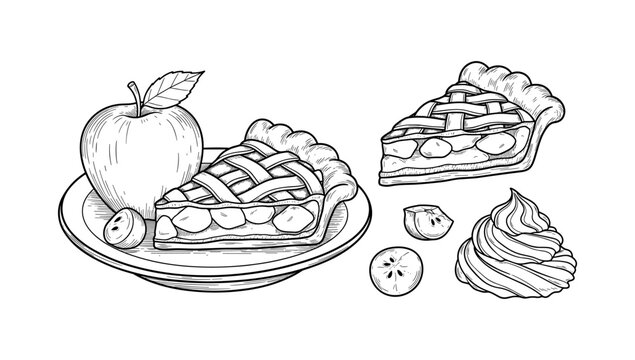 Delicious apple pie with slices and whipped cream in detailed sketch style
