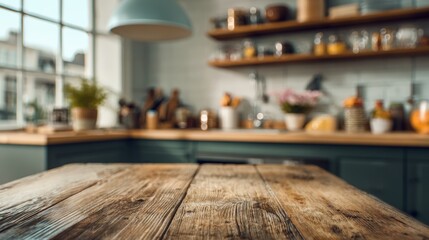 Polished Wooden Table with Defocused Modern Kitchen Background