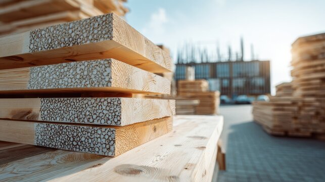 Stack of engineered wood beams with exposed cellular core at an outdoor timber yard