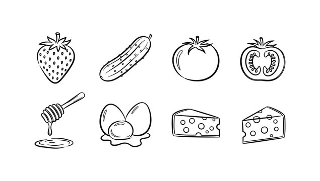 Hand-drawn food icons: vegetables, fruits, and dairy in black and white