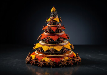 Decorative Christmas tree made of whole spices, star anise, and dried orange slices
