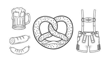 Traditional german oktoberfest elements: pretzel, beer mug, lederhosen, sausages in black and white