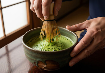 Close-up of hands whisking green matcha tea with bamboo chasen in ceramic bowl