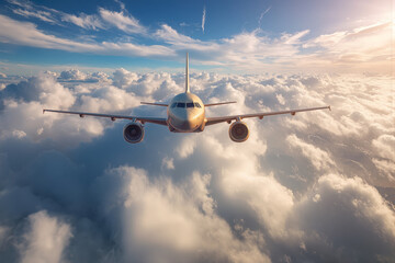 Modern Airplane Soaring Above Clouds in Bright Sunlight