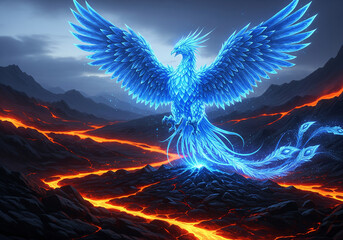 Majestic glowing blue phoenix soaring over volcanic landscape with flowing lava rivers