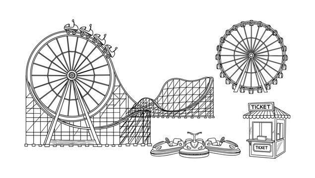 Amusement park rides: roller coaster, ferris wheel, and bumper cars in line art