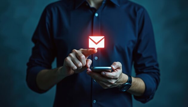 Person uses smartphone, touching glowing email icon. Digital communication concept, sending messages or alerts on mobile device for business. Online interaction and notifications.