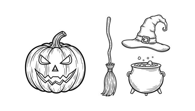 Spooky halloween doodles with pumpkin, witch hat, broom, and cauldron in sketch style