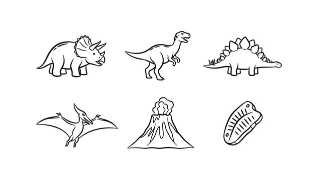 Simple dinosaur and prehistoric elements outline for kids learning