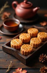 Fototapeta premium Six moon cakes sit on wooden tray near cup of tea and teapot. Traditional Chinese pastry with intricate designs. Autumnal decor accents table setting.