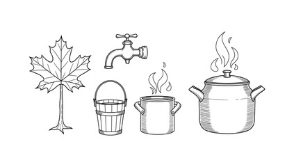 Maple syrup making: tap, bucket, and boiling pot in detailed line art