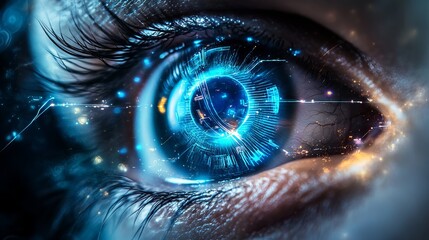 A futuristic close-up of a human eye with a blue circuit design and digital elements in the iris