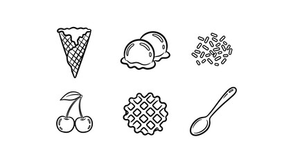 Minimalist ice cream icons: cone, scoops, sprinkles, cherries, waffle, spoon