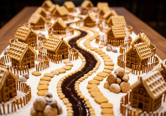 Intricate gingerbread village with cookie houses and a chocolate river on a table