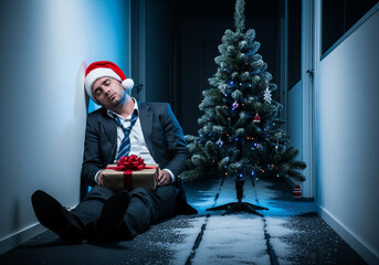 Exhausted office worker in Santa hat sleeping on floor next to Christmas tree with gift box