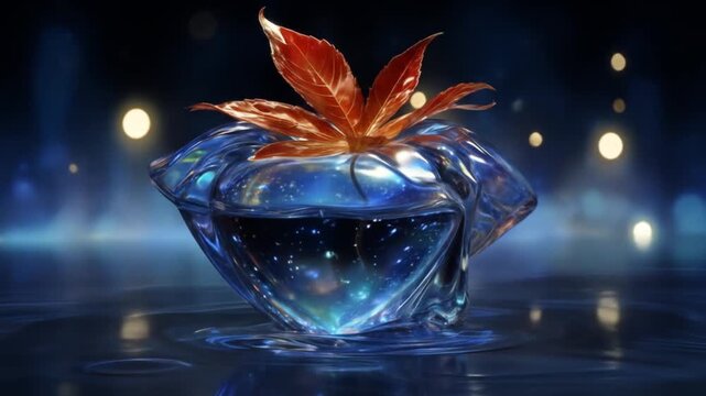Artistic diamond shaped glass bowl with a red leaf and blue water