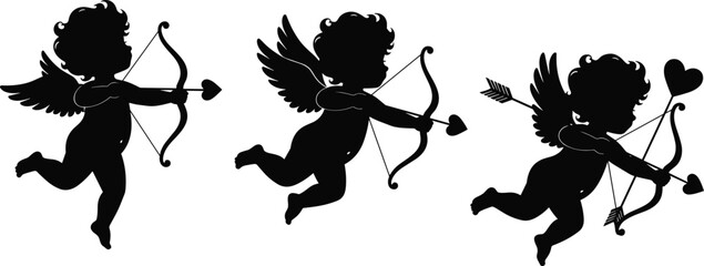 Cupid angel silhouettes flying with bow and arrow, love romance symbol concept, Valentine mythology art, playful cherub illustration isolated on white background