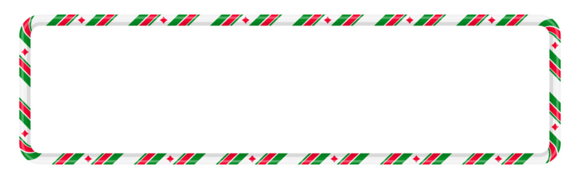 Christmas candy cane rectangle border frame. Festive Holiday Candy Cane Frame with Red, Green and White Stripes. Editable stroke. Vector illustration