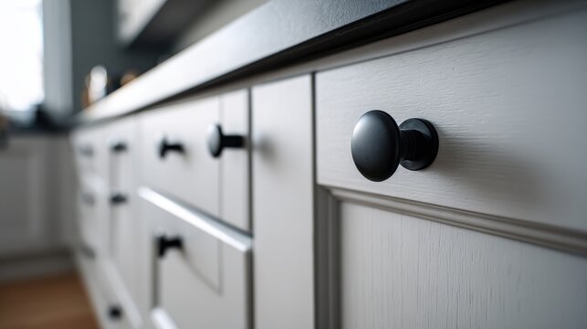 White kitchen cabinets with black knobs and dark countertop