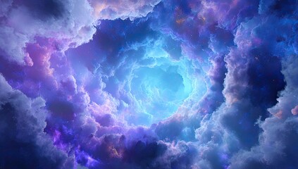 A vortex-like cloud formation reveals a celestial light, swirling through purple hues