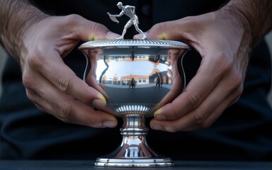 Closeup of hands holding a shiny silver trophy cup with a figurine on top