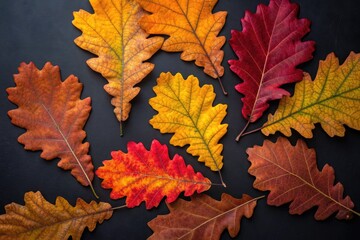 Colorful Leaves on Dark Surface Showing Autumn Shades in Various Shapes