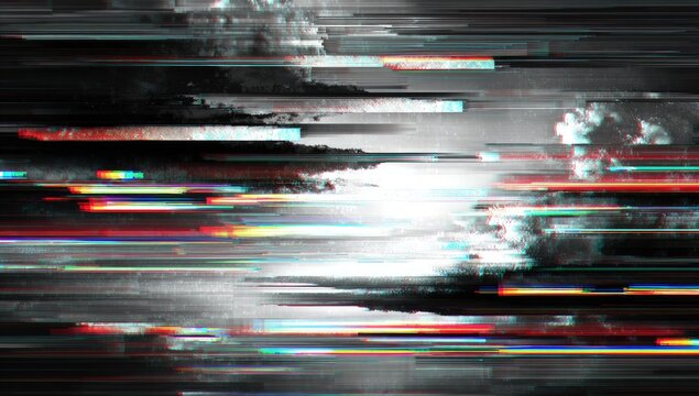 Digital artwork of a fragmented abstract landscape with streaks of red, blue, and white light