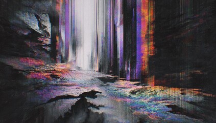Abstract digital art depicting a tunnel or cave with colorful vertical light streaks