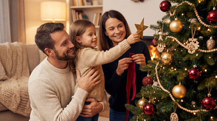 Happy parent helping their daughter decorate the house christmas tree , smiling young girl enjoying festive activities concept