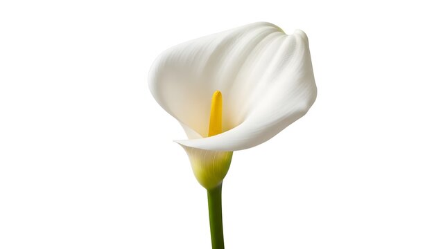 A single, elegant calla lily blossom, pristine and pure, with a vibrant yellow spadix