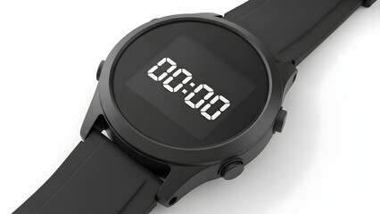 A sleek modern smartwatch with a clear digital display showcasing a time