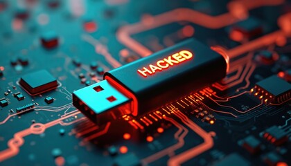 Hacked USB drive rests on electronic circuit board with glowing orange lines. Data breach, cyber attack concept with digital threat on computer system.