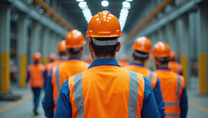 Workers in orange vests and hard hats walk down a factory floor. Industrial workers move in unison, focused on their tasks. Teamwork and safety protocols are evident in this manufacturing setting.
