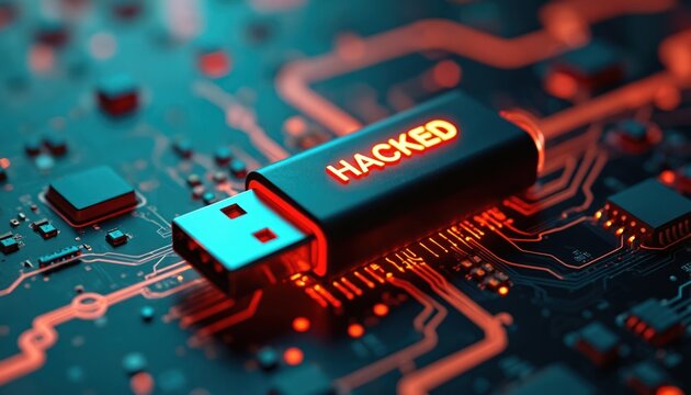 Hacked USB drive rests on electronic circuit board with glowing orange lines. Data breach, cyber attack concept with digital threat on computer system. - Powered by Adobe