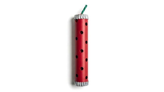 A single red firecracker with black spots and a green fuse, set against a simple backdrop. This image evokes anticipation and excitement