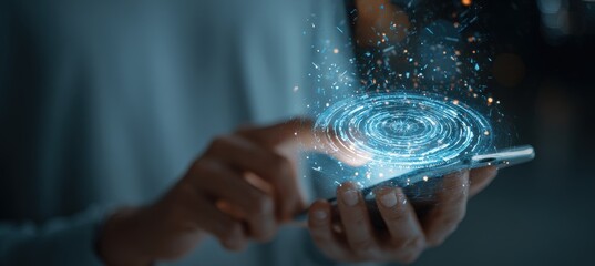 Futuristic Digital Art: Smartphone Emitting Holographic Symbols with AI Theme