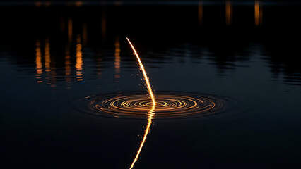 Serene sunset reflection on calm water, golden ripples, evening glow, nature photography