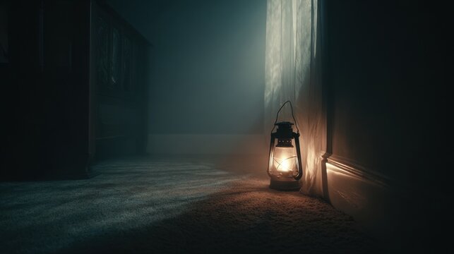 A vintage oil lantern casts a warm glow in a dimly lit, dusty room with ethereal mist swirling around it.