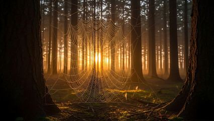 Enchanting forest sunbeam, spider web, nature, fog, trees, light, mystic, woodland, morning