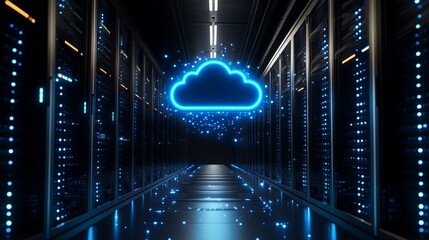 A futuristic server room with a glowing blue cloud in the center of the aisle between rows of computer racks