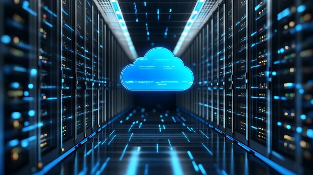 A futuristic data center with a glowing blue cloud in the center of a server room - Powered by Adobe