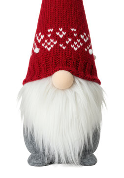 Macro view of a plush scandinavian christmas gnome's tall red knitted hat with white hearts and pom-poms, luxurious white beard, isolated on transparent background. Concept of traditional winter