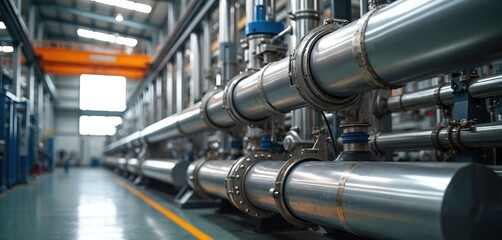 Shiny industrial steel pipes crisscross brightly lit factory interior. Large overhead crane visible in background, suggesting heavy manufacturing processes, large scale operations. Image shows