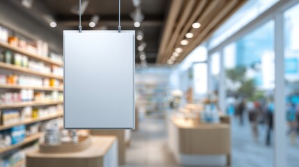 Blank vertical poster mockup hanging in a blurred pharmacy or retail store interior