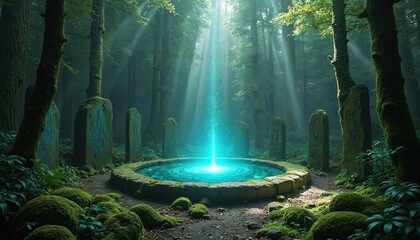 Ancient stone circle surrounds glowing blue water well in misty forest. Sunbeams pierce through trees illuminating mossy stones, mystical pool. Light beams shine down on sacred site. Nature powers